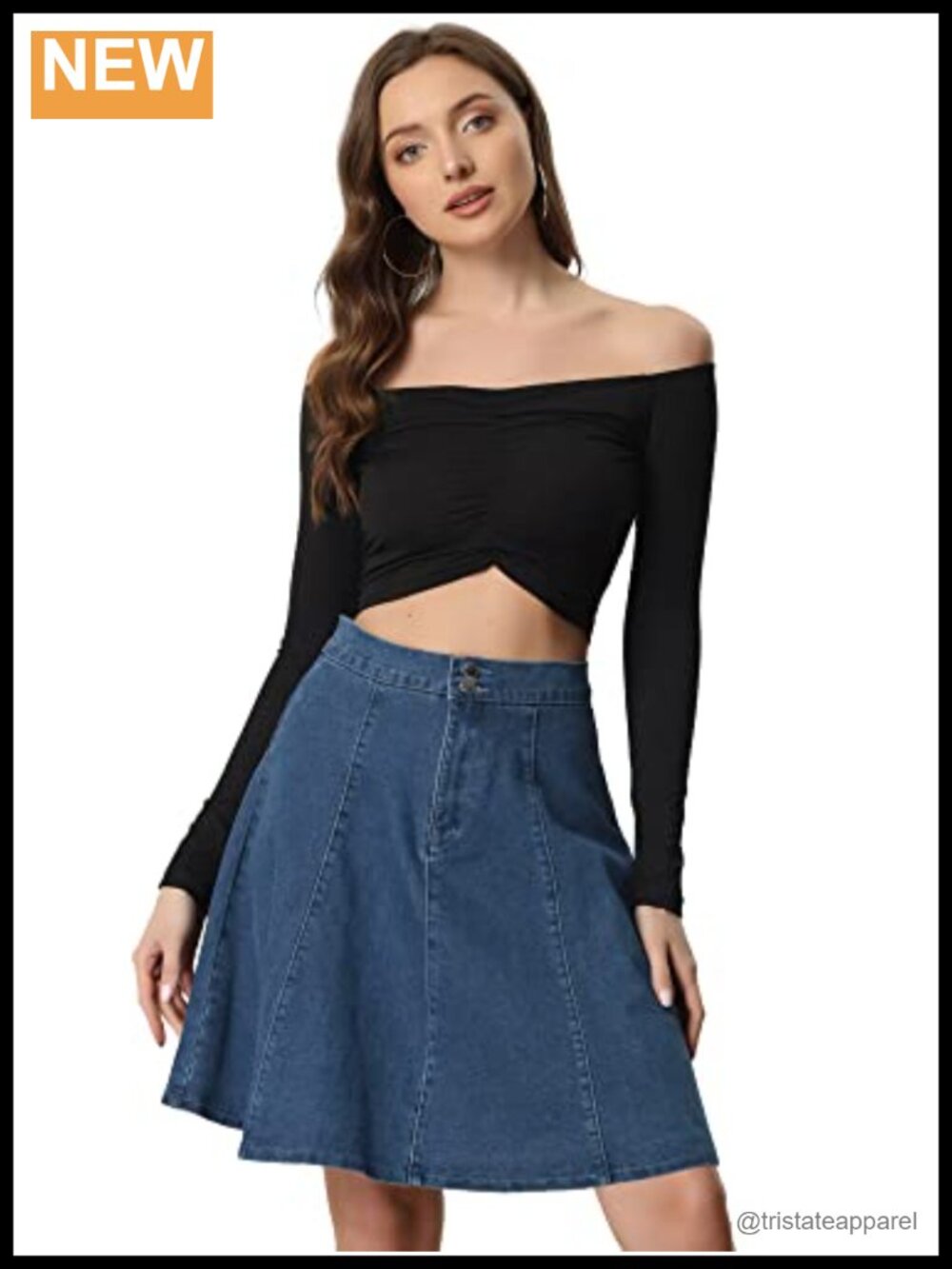 Women's High Waist A-Line Denim Skirt Stretch Flared Pleated Casual Jean Skirt